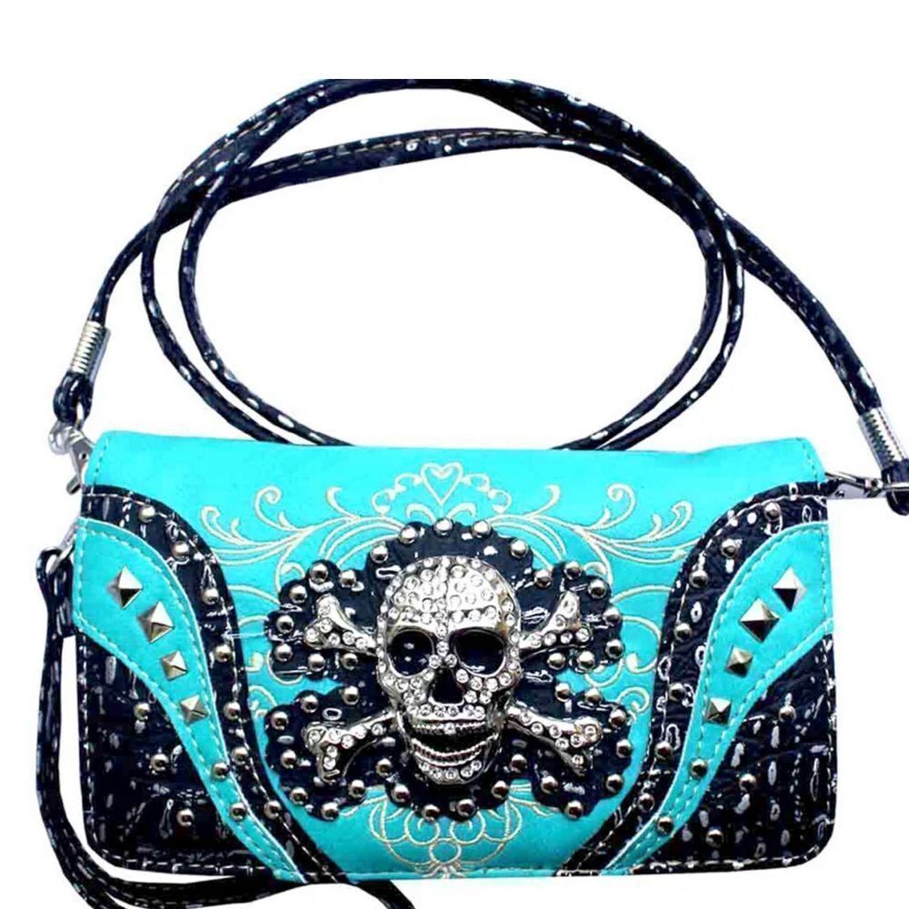 Teal 3D Rhinestone Skull Wallet